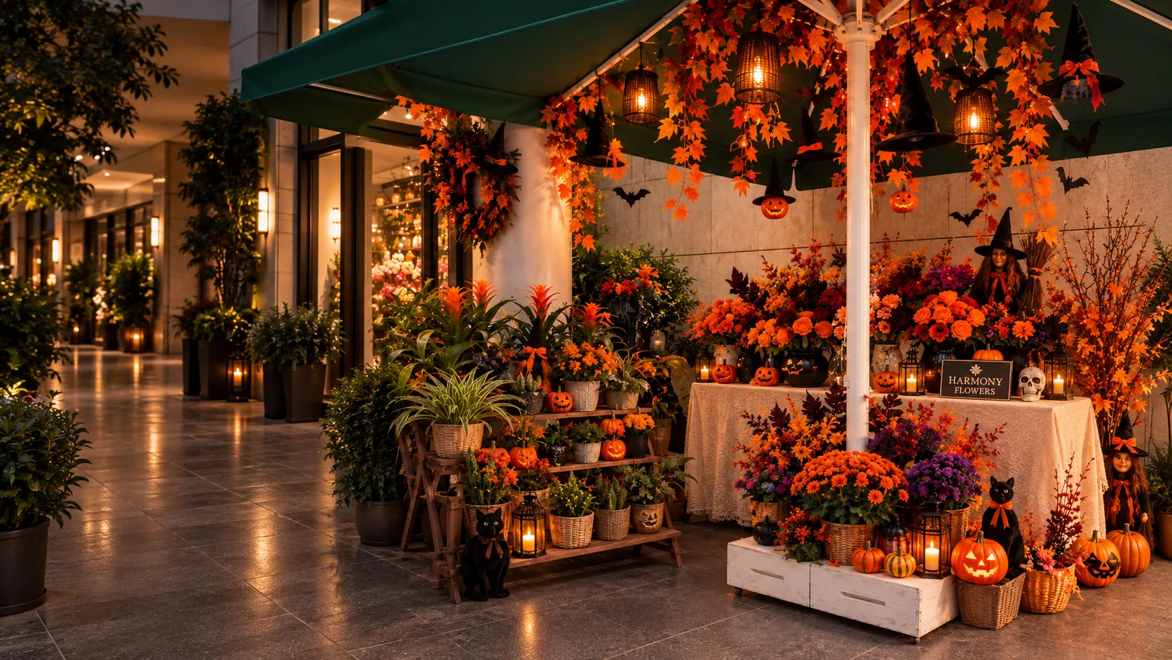 Halloween flower display with pumpkins and autumn decorations