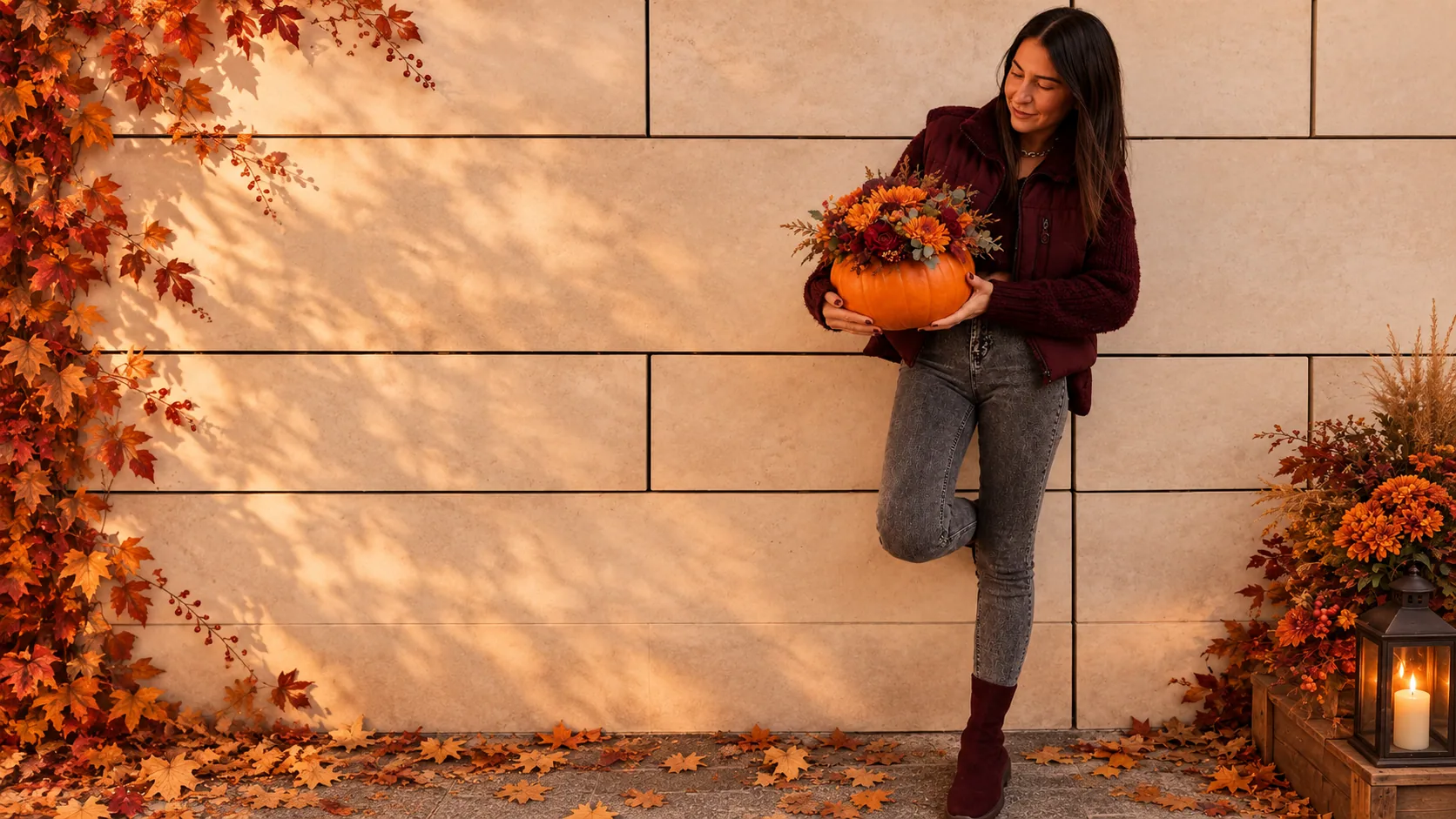 Woman holding a pumpkin filled with autumn flowers